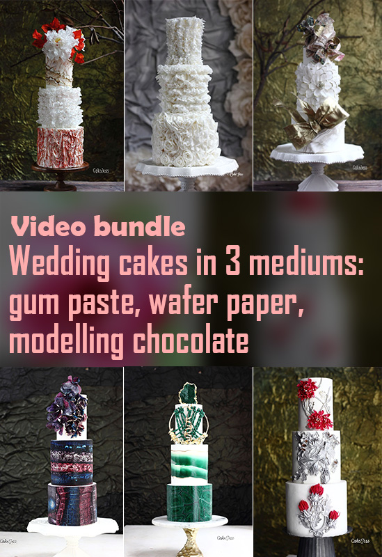 Video bundle of wedding cakes in 3 mediums: wafer paper, gum paste & modelling chocolate